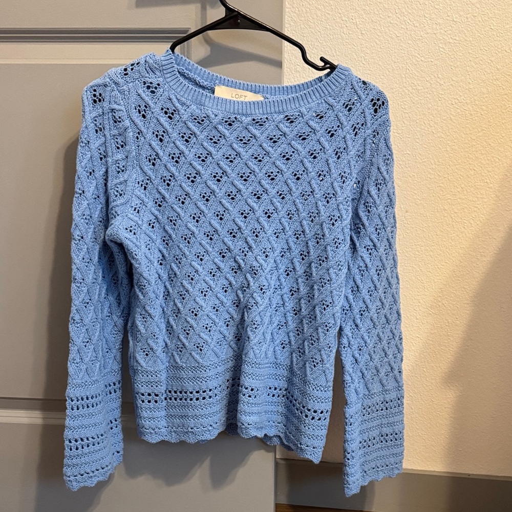 LOFT Sky Blue Openwork Crewneck Sweater